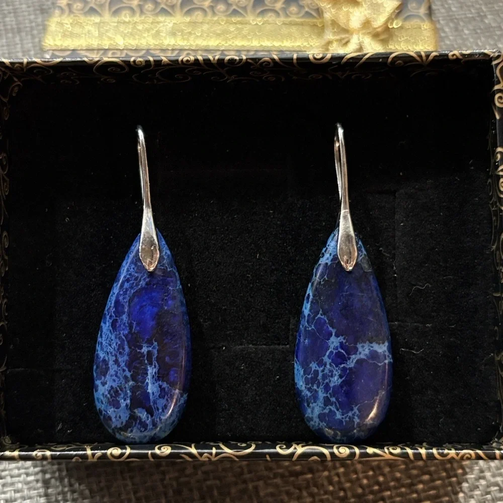 Blue Jasper Natural Gemstone Pendant Teardrop Earrings Silver Handmade Healing